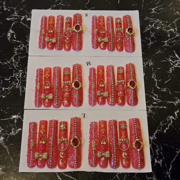 3 Sets Elegant Pink and Gold Acrylic Nails